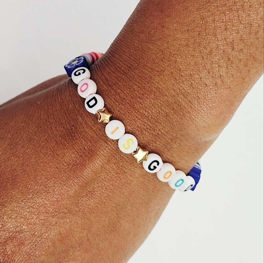 Handmade Clay Flower Bead Bracelet With The Word GOD IS GOOD